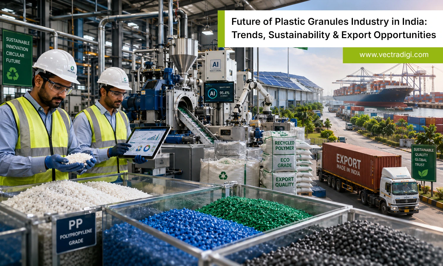 Indian plastic granules factory with recycling, sustainable manufacturing, and export setup