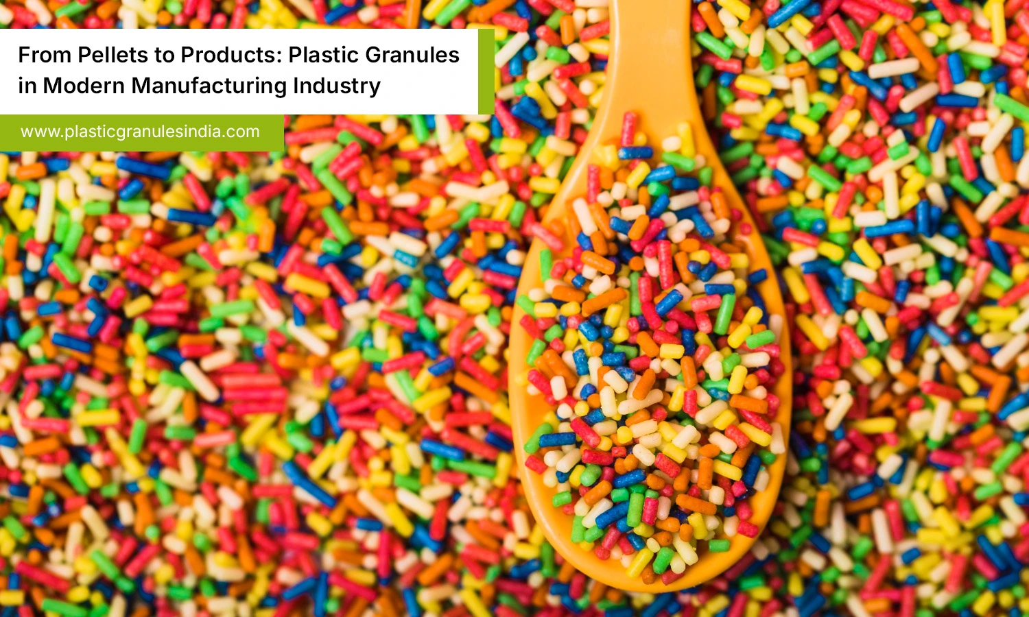 Colorful plastic granules with scoop, raw material for modern plastic manufacturing industry