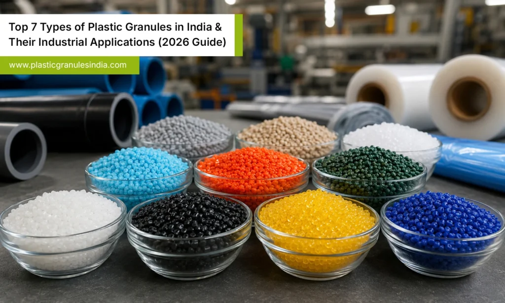 Plastic granules Types in an Indian Factory with Pipes and Packaging Film Rolls