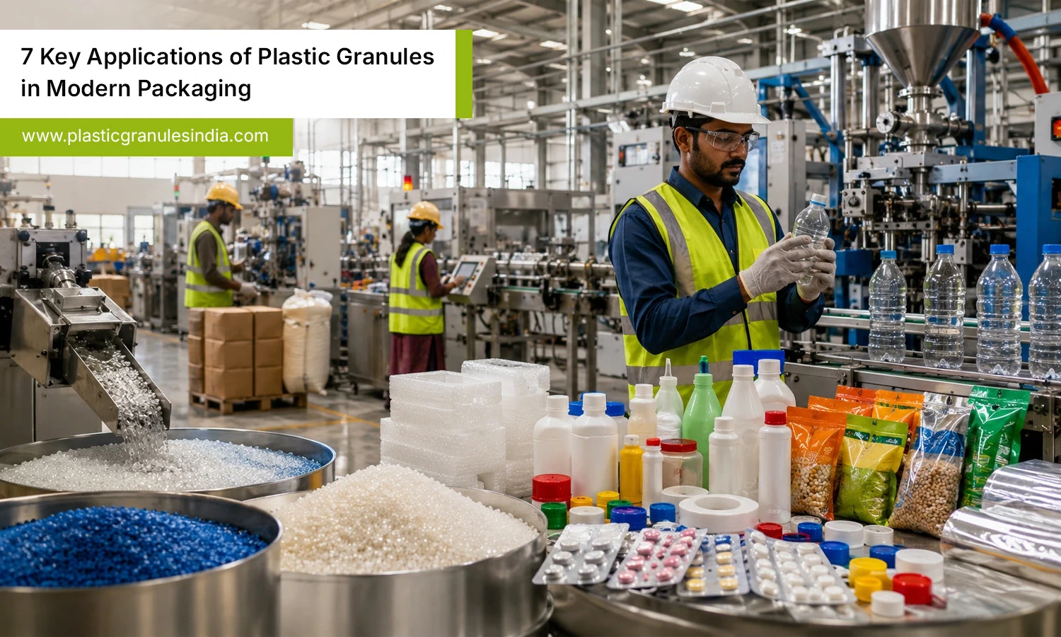 Plastic granules for packaging being processed in a modern Indian manufacturing facility, producing bottles, pouches, blister packs, and protective packaging materials.