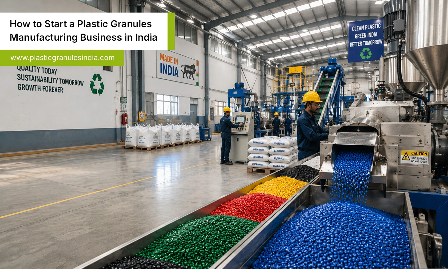 Plastic granules manufacturing business in India with modern factory, machinery, and production line.