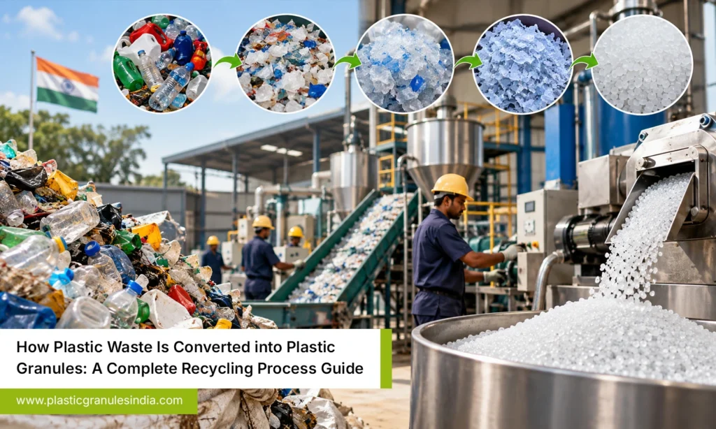 Indian plastic recycling plant converting plastic waste into recycled plastic granules.